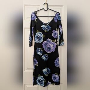 Hourglass Black Dress with Blue and Purple Floral Design